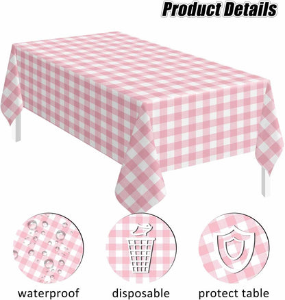3 Pack Light Pink Gingham Tablecloth Rectangle 54 x 108 Pink and White Checkered Table Cloth Disposable Plaid Table Cover Plastic for Birthday Baby Shower Picnic Wedding Party Supplies