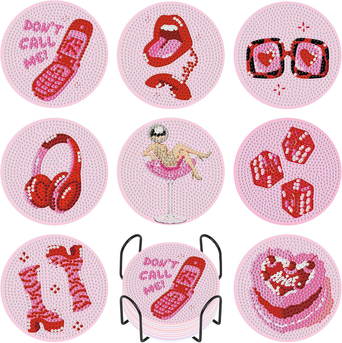Camocin Pink Diamond Art Coasters Kit, 8 PCS 5D Diamond Painting Coasters
