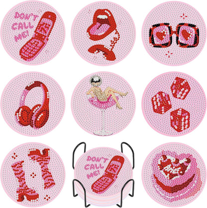 Camocin Pink Diamond Art Coasters Kit, 8 PCS 5D Diamond Painting Coasters