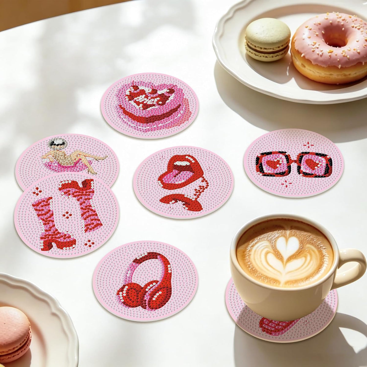 Camocin Pink Diamond Art Coasters Kit, 8 PCS 5D Diamond Painting Coasters