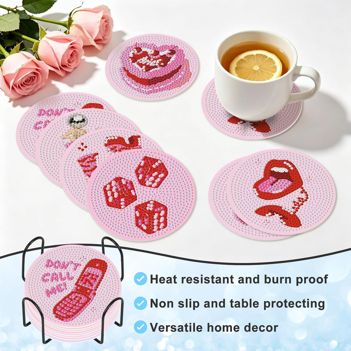 Camocin Pink Diamond Art Coasters Kit, 8 PCS 5D Diamond Painting Coasters