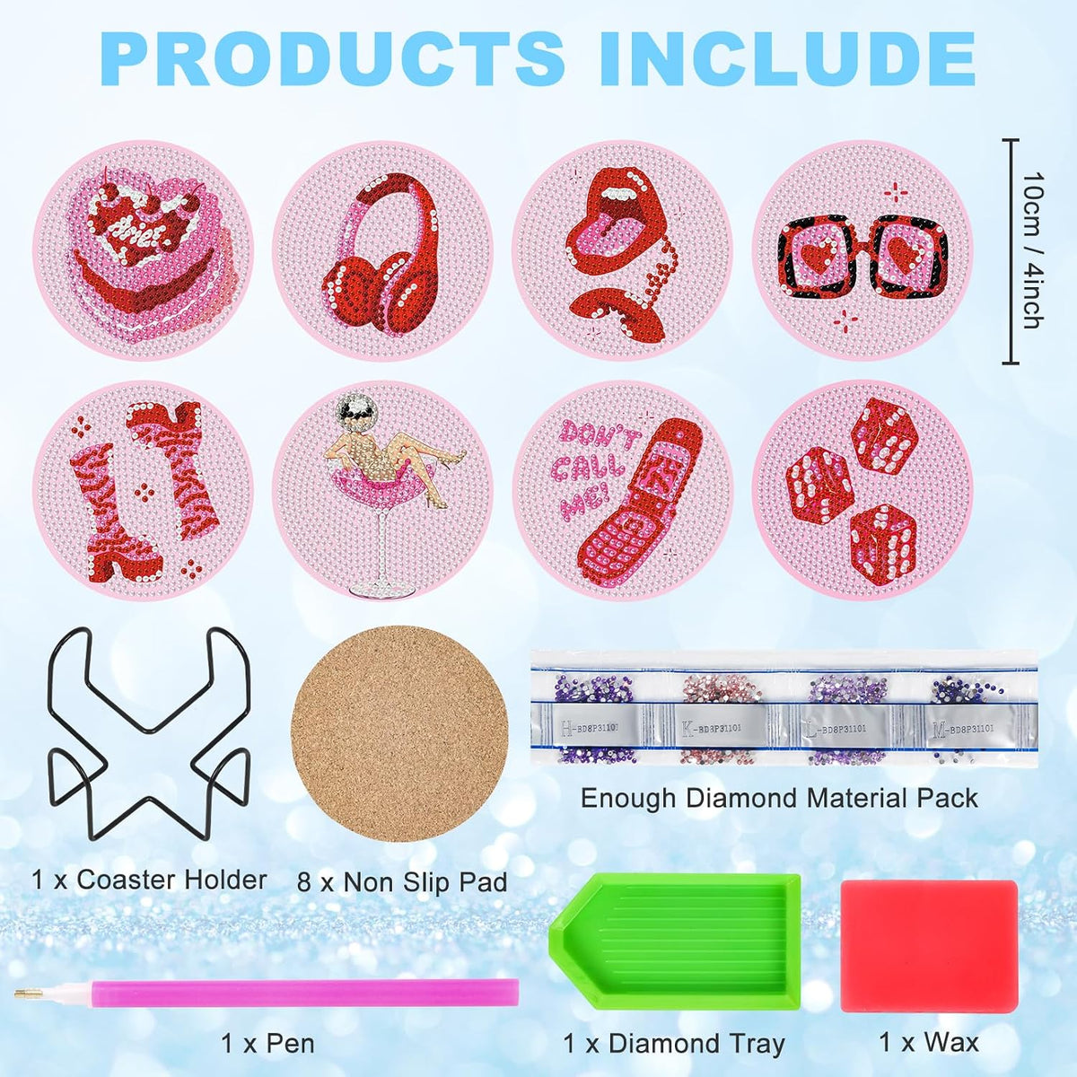 Camocin Pink Diamond Art Coasters Kit, 8 PCS 5D Diamond Painting Coasters