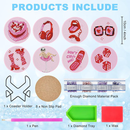 Camocin Pink Diamond Art Coasters Kit, 8 PCS 5D Diamond Painting Coasters
