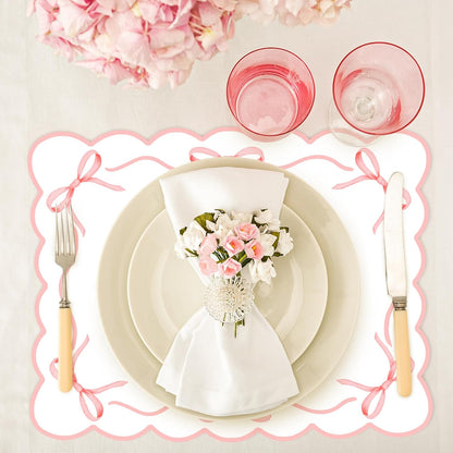 50 Sheets Pink Bow Paper Placemat Scalloped Bowknot Place Mat Cute Disposable Table Mat for Bachelorette Party Dinner Table, 16.5 x 12.9 Inch