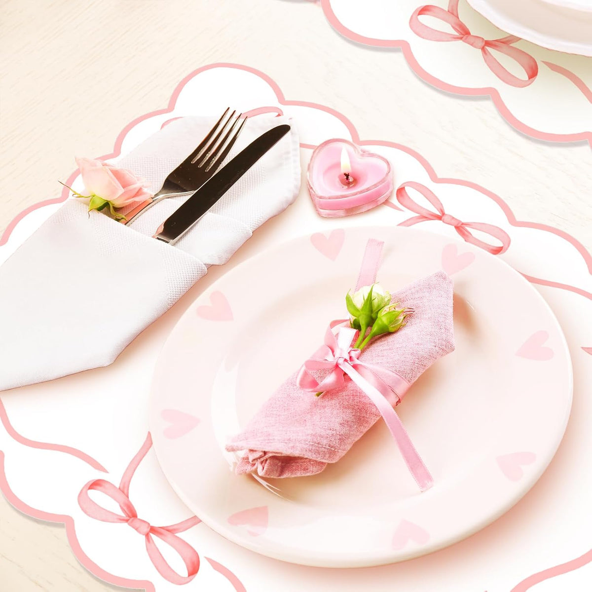 50 Sheets Pink Bow Paper Placemat Scalloped Bowknot Place Mat Cute Disposable Table Mat for Bachelorette Party Dinner Table, 16.5 x 12.9 Inch