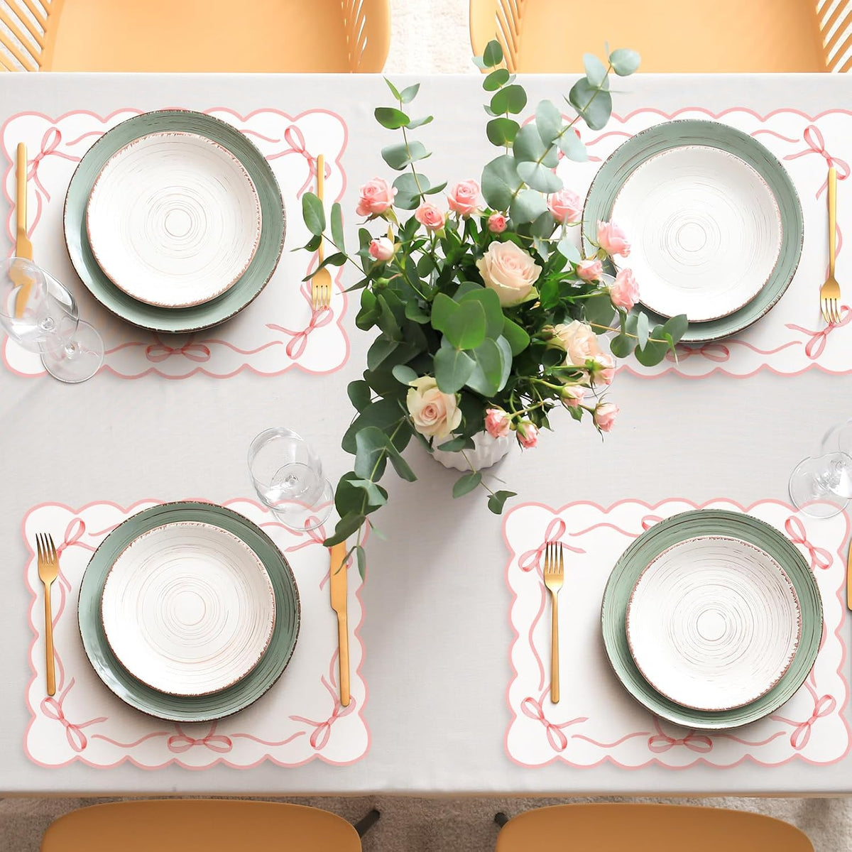 50 Sheets Pink Bow Paper Placemat Scalloped Bowknot Place Mat Cute Disposable Table Mat for Bachelorette Party Dinner Table, 16.5 x 12.9 Inch