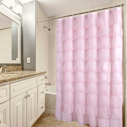 Pink Shower Curtain Sheer Ruffle Shower Curtain for Bathroom 72 in Long