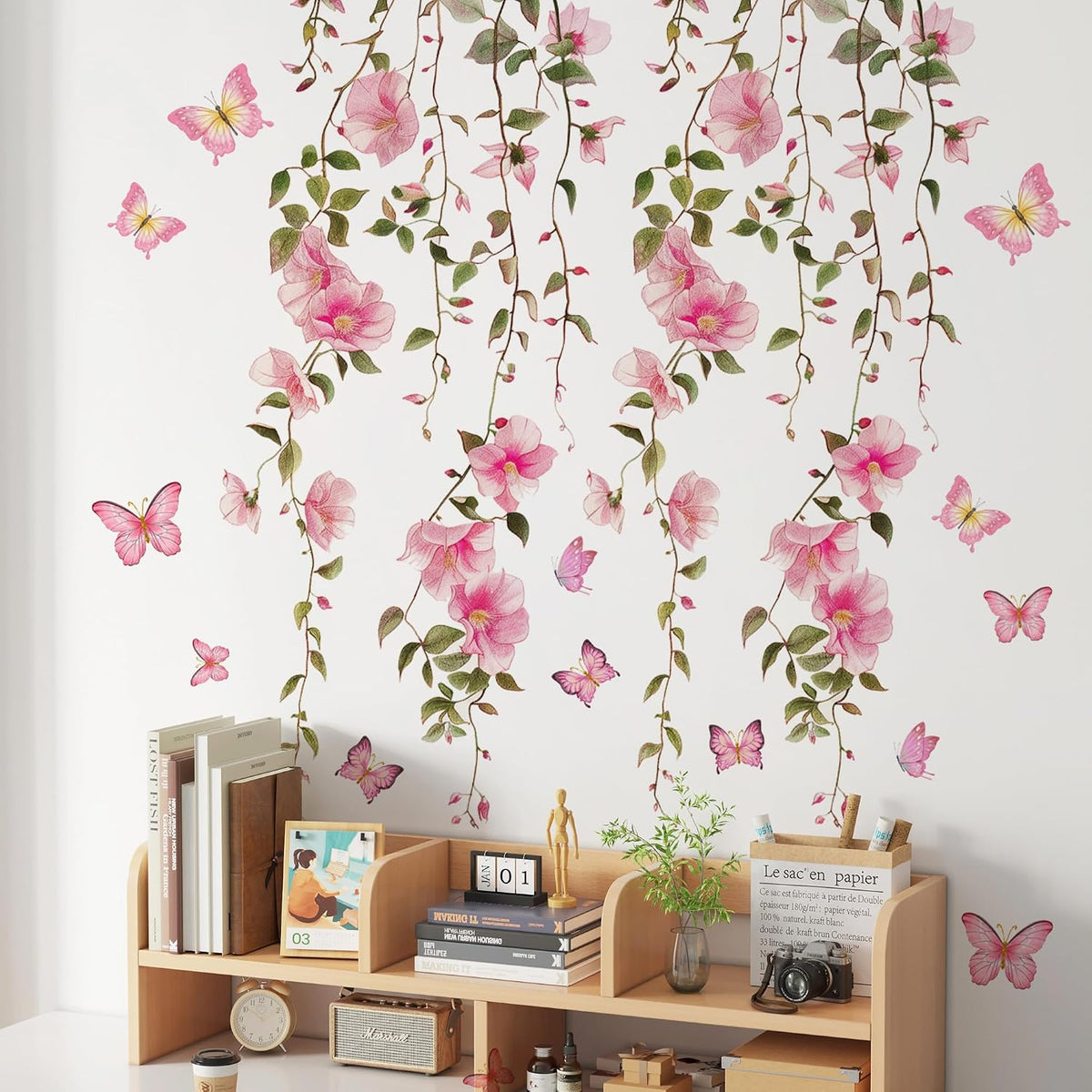 2 Sheets Removable Hanging Pink Vine Flowers Wall Decal Green Leaves Wall Decal DIY Pink Butterfly Stickers Self-Adhesive Art Decor for Girls Room Living Room Bedroom TV Backdrop Decor