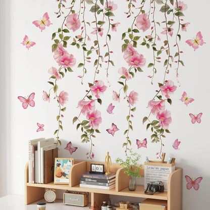 2 Sheets Removable Hanging Pink Vine Flowers Wall Decal Green Leaves Wall Decal DIY Pink Butterfly Stickers Self-Adhesive Art Decor for Girls Room Living Room Bedroom TV Backdrop Decor