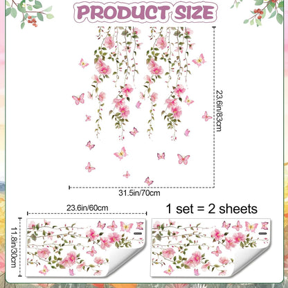 2 Sheets Removable Hanging Pink Vine Flowers Wall Decal Green Leaves Wall Decal DIY Pink Butterfly Stickers Self-Adhesive Art Decor for Girls Room Living Room Bedroom TV Backdrop Decor