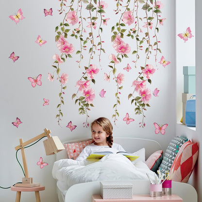2 Sheets Removable Hanging Pink Vine Flowers Wall Decal Green Leaves Wall Decal DIY Pink Butterfly Stickers Self-Adhesive Art Decor for Girls Room Living Room Bedroom TV Backdrop Decor