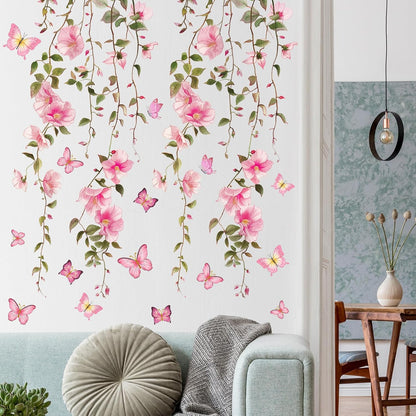 2 Sheets Removable Hanging Pink Vine Flowers Wall Decal Green Leaves Wall Decal DIY Pink Butterfly Stickers Self-Adhesive Art Decor for Girls Room Living Room Bedroom TV Backdrop Decor