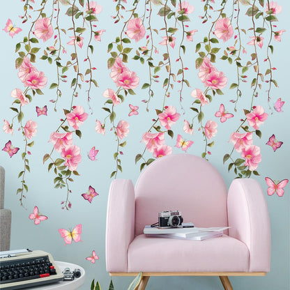 2 Sheets Removable Hanging Pink Vine Flowers Wall Decal Green Leaves Wall Decal DIY Pink Butterfly Stickers Self-Adhesive Art Decor for Girls Room Living Room Bedroom TV Backdrop Decor