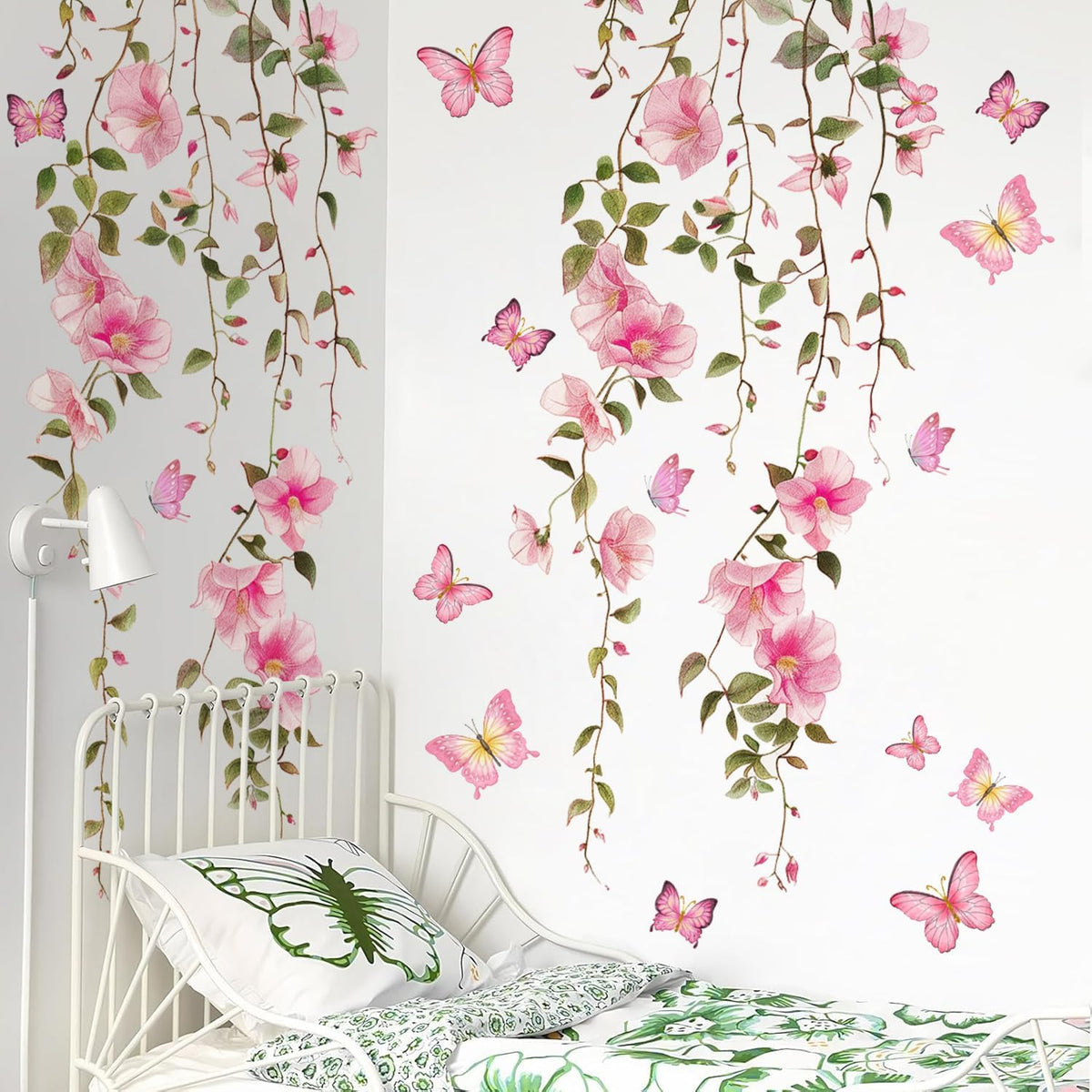 2 Sheets Removable Hanging Pink Vine Flowers Wall Decal Green Leaves Wall Decal DIY Pink Butterfly Stickers Self-Adhesive Art Decor for Girls Room Living Room Bedroom TV Backdrop Decor