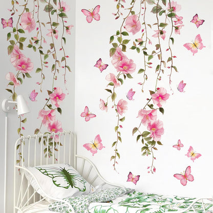 2 Sheets Removable Hanging Pink Vine Flowers Wall Decal Green Leaves Wall Decal DIY Pink Butterfly Stickers Self-Adhesive Art Decor for Girls Room Living Room Bedroom TV Backdrop Decor