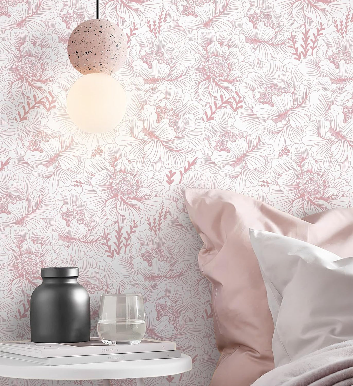 Floral Wallpaper Peel and Stick Pink and White Contact Paper Boho Modern Removable Self Adhesive Waterproof Nursery Wall Paper for Bedroom Bathroom Cabinets Decor Vinyl 17.3" X 393.7"