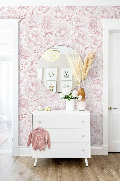 Floral Wallpaper Peel and Stick Pink and White Contact Paper Boho Modern Removable Self Adhesive Waterproof Nursery Wall Paper for Bedroom Bathroom Cabinets Decor Vinyl 17.3" X 393.7"