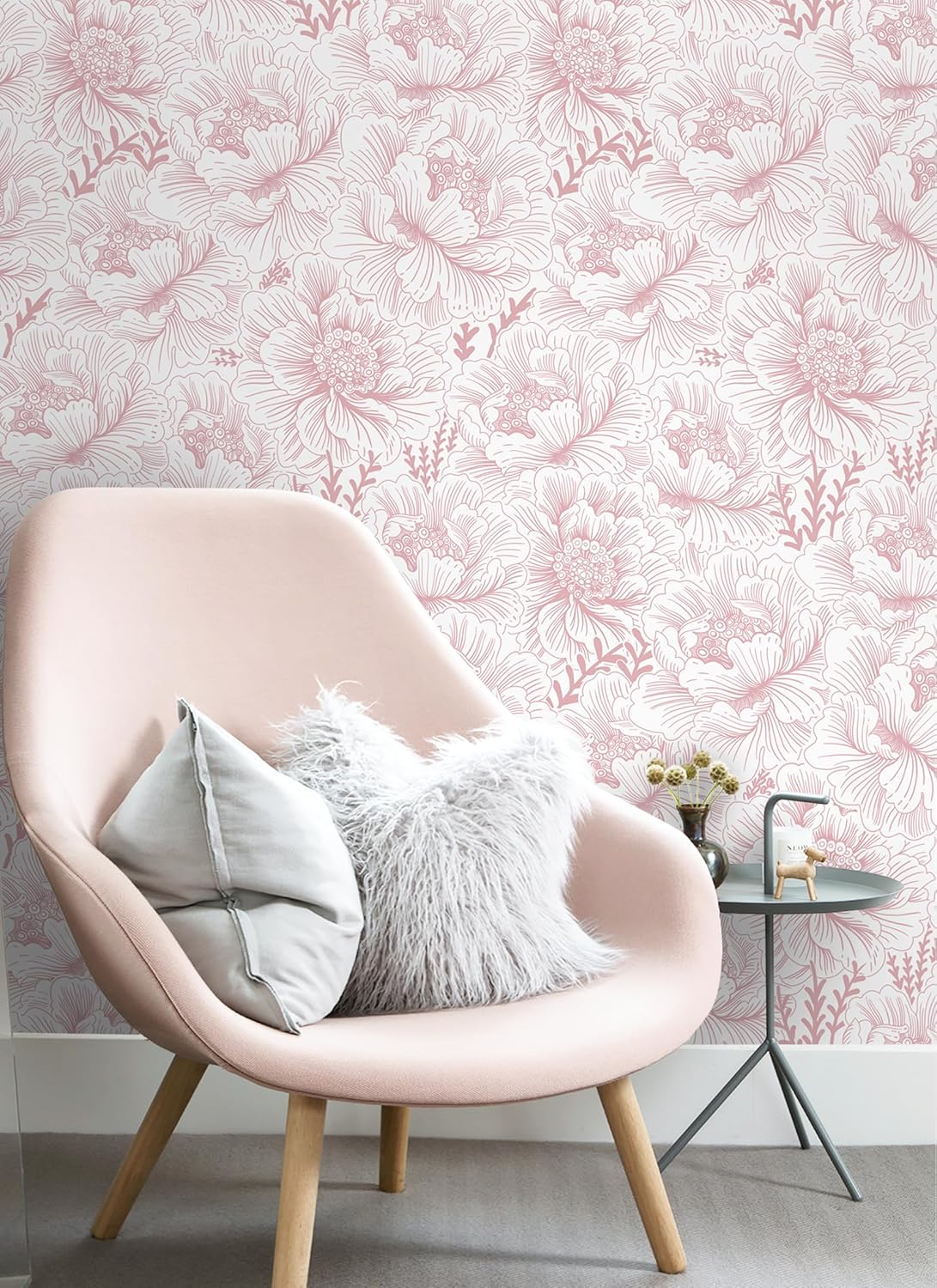 Floral Wallpaper Peel and Stick Pink and White Contact Paper Boho Modern Removable Self Adhesive Waterproof Nursery Wall Paper for Bedroom Bathroom Cabinets Decor Vinyl 17.3" X 393.7"