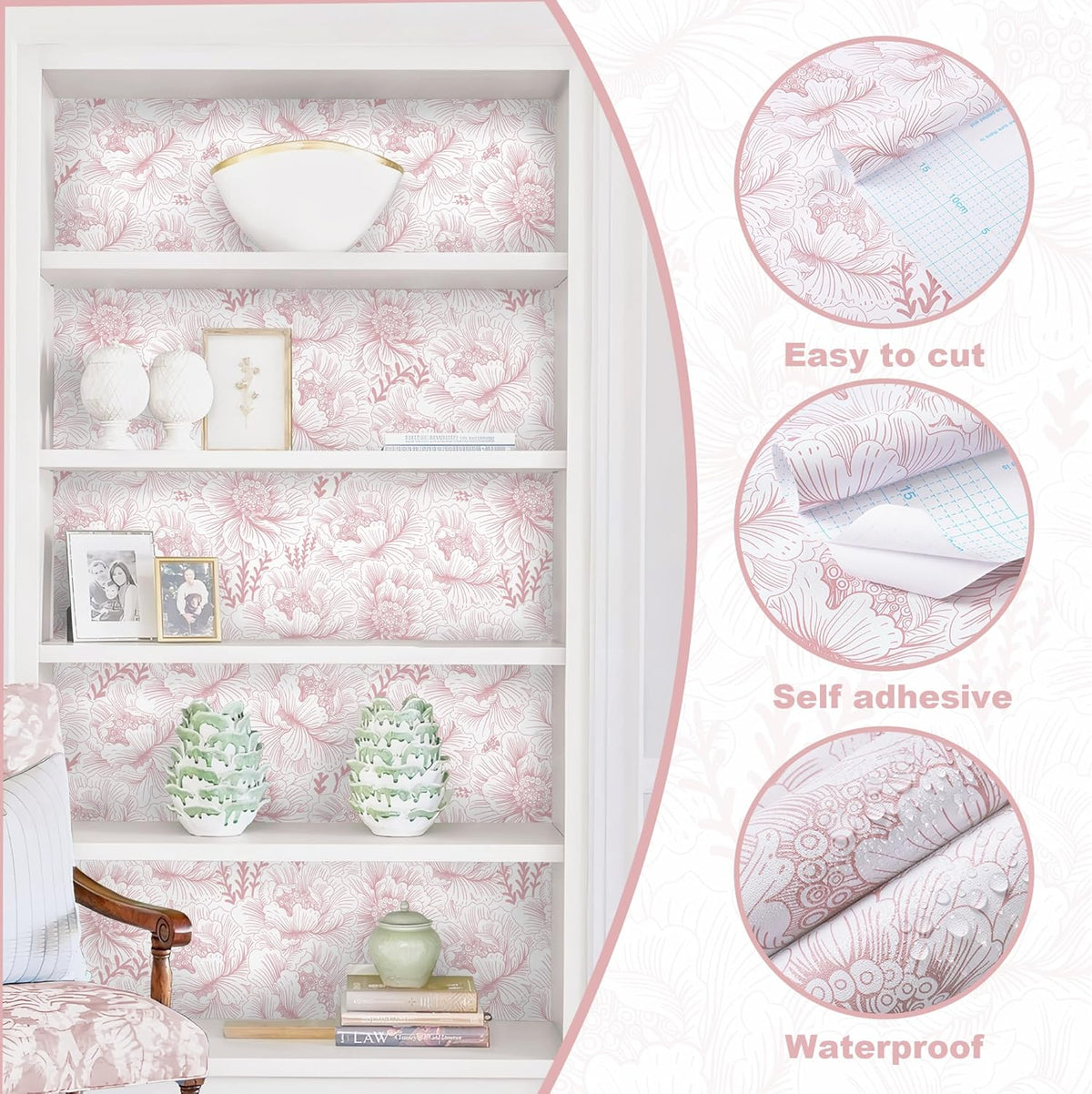 Floral Wallpaper Peel and Stick Pink and White Contact Paper Boho Modern Removable Self Adhesive Waterproof Nursery Wall Paper for Bedroom Bathroom Cabinets Decor Vinyl 17.3" X 393.7"