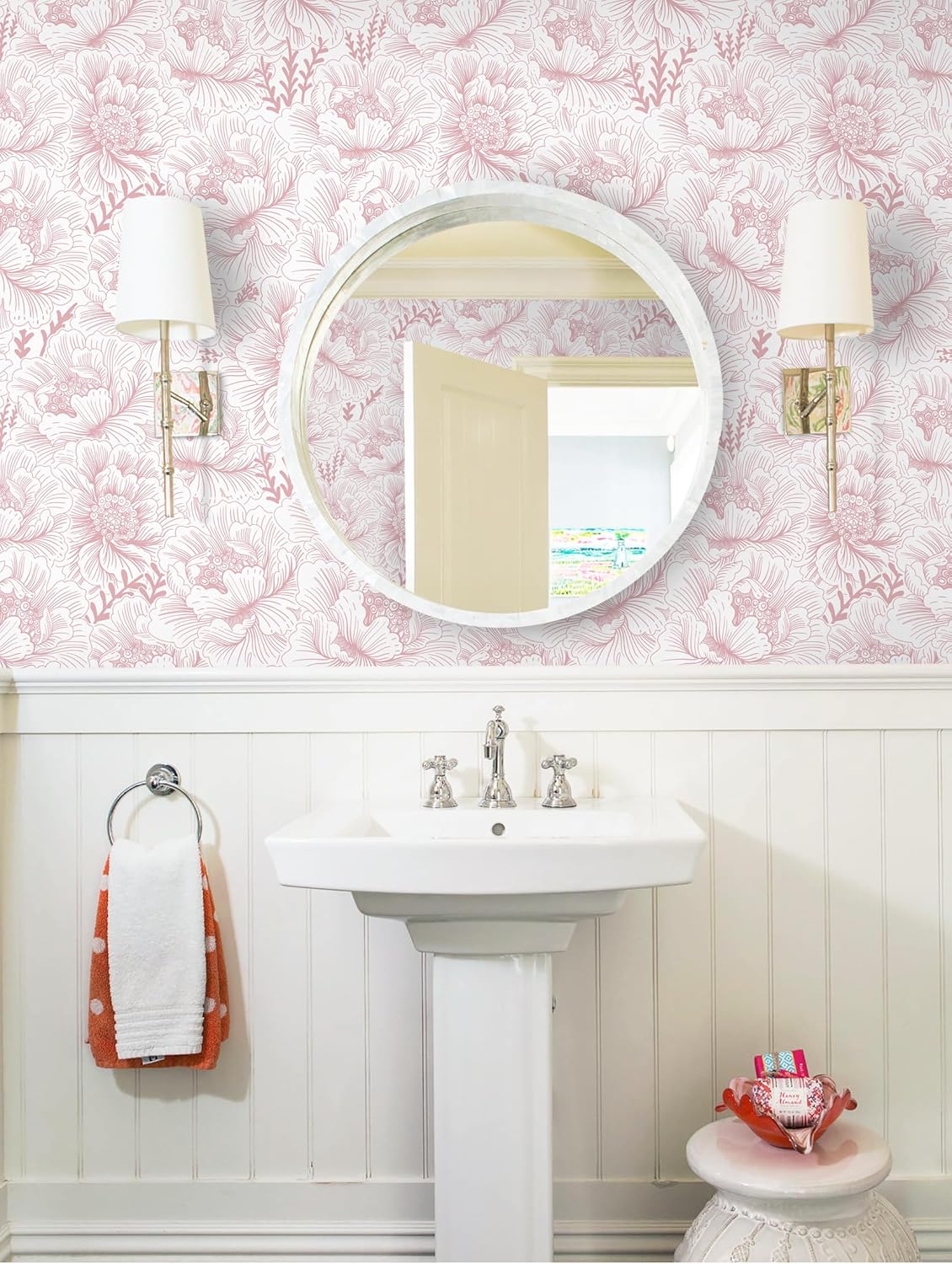 Floral Wallpaper Peel and Stick Pink and White Contact Paper Boho Modern Removable Self Adhesive Waterproof Nursery Wall Paper for Bedroom Bathroom Cabinets Decor Vinyl 17.3" X 393.7"