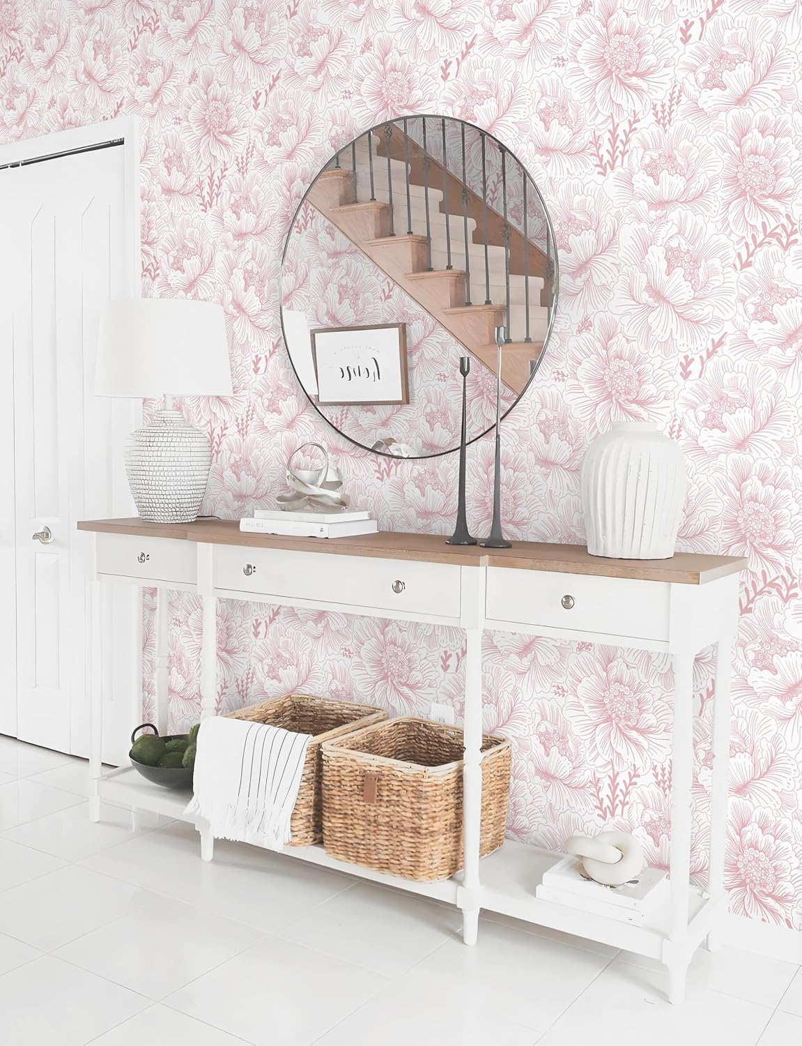 Floral Wallpaper Peel and Stick Pink and White Contact Paper Boho Modern Removable Self Adhesive Waterproof Nursery Wall Paper for Bedroom Bathroom Cabinets Decor Vinyl 17.3" X 393.7"