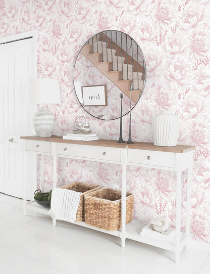 Floral Wallpaper Peel and Stick Pink and White Contact Paper Boho Modern Removable Self Adhesive Waterproof Nursery Wall Paper for Bedroom Bathroom Cabinets Decor Vinyl 17.3" X 393.7"
