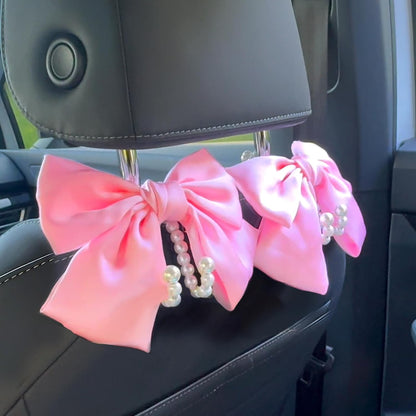2 PCS Bow Pearl Car Seat Headrest Hook – Cute Purse Hook for Car, Girly Interior Decoration Accessories Hook Hanger, Seatback Holder for Purses & Bags, Elegant Car Organizer (Pink)