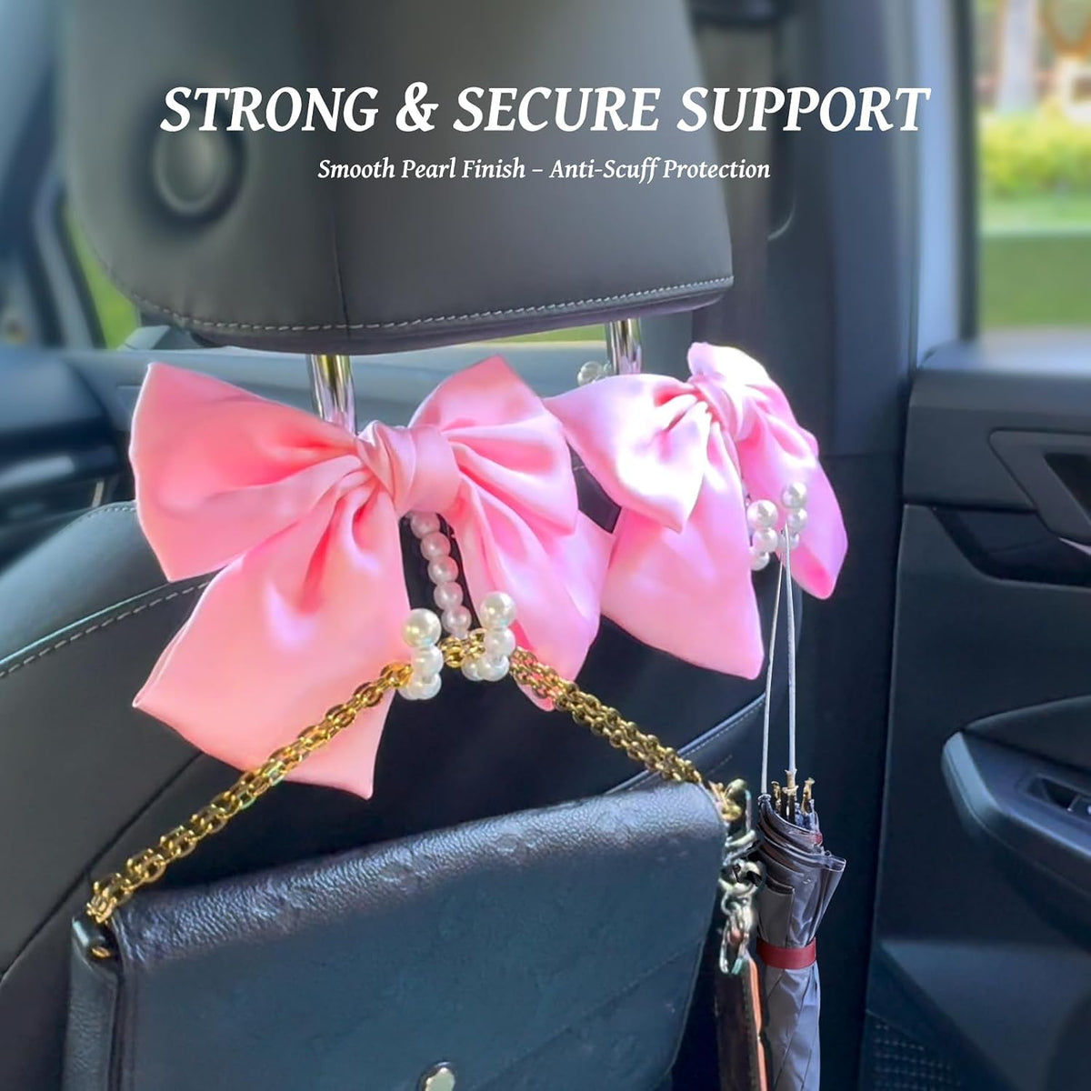 2 PCS Bow Pearl Car Seat Headrest Hook – Cute Purse Hook for Car, Girly Interior Decoration Accessories Hook Hanger, Seatback Holder for Purses & Bags, Elegant Car Organizer (Pink)