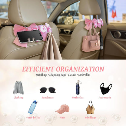 2 PCS Bow Pearl Car Seat Headrest Hook – Cute Purse Hook for Car, Girly Interior Decoration Accessories Hook Hanger, Seatback Holder for Purses & Bags, Elegant Car Organizer (Pink)
