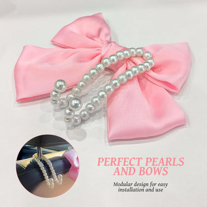 2 PCS Bow Pearl Car Seat Headrest Hook – Cute Purse Hook for Car, Girly Interior Decoration Accessories Hook Hanger, Seatback Holder for Purses & Bags, Elegant Car Organizer (Pink)