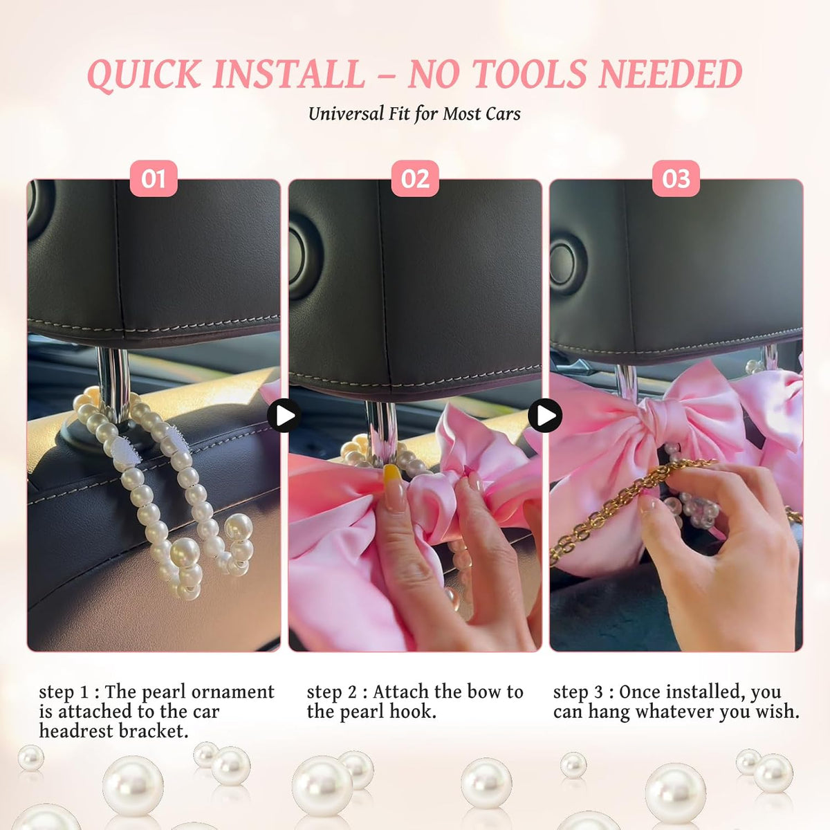 2 PCS Bow Pearl Car Seat Headrest Hook – Cute Purse Hook for Car, Girly Interior Decoration Accessories Hook Hanger, Seatback Holder for Purses & Bags, Elegant Car Organizer (Pink)