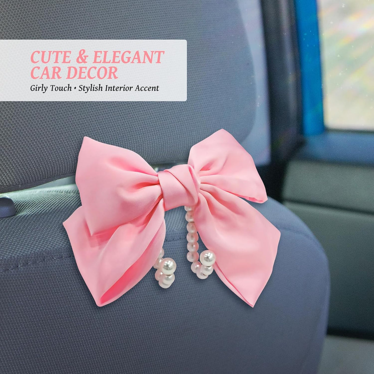 2 PCS Bow Pearl Car Seat Headrest Hook – Cute Purse Hook for Car, Girly Interior Decoration Accessories Hook Hanger, Seatback Holder for Purses & Bags, Elegant Car Organizer (Pink)