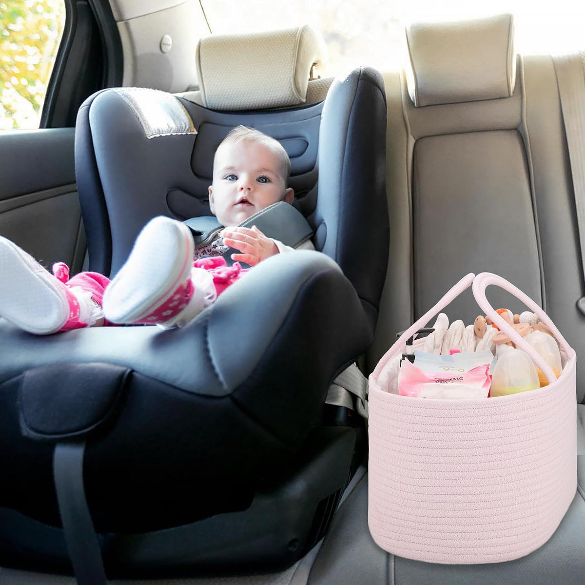 Baby Diaper Caddy Organizer for Girls, Cotton Rope, Light pink