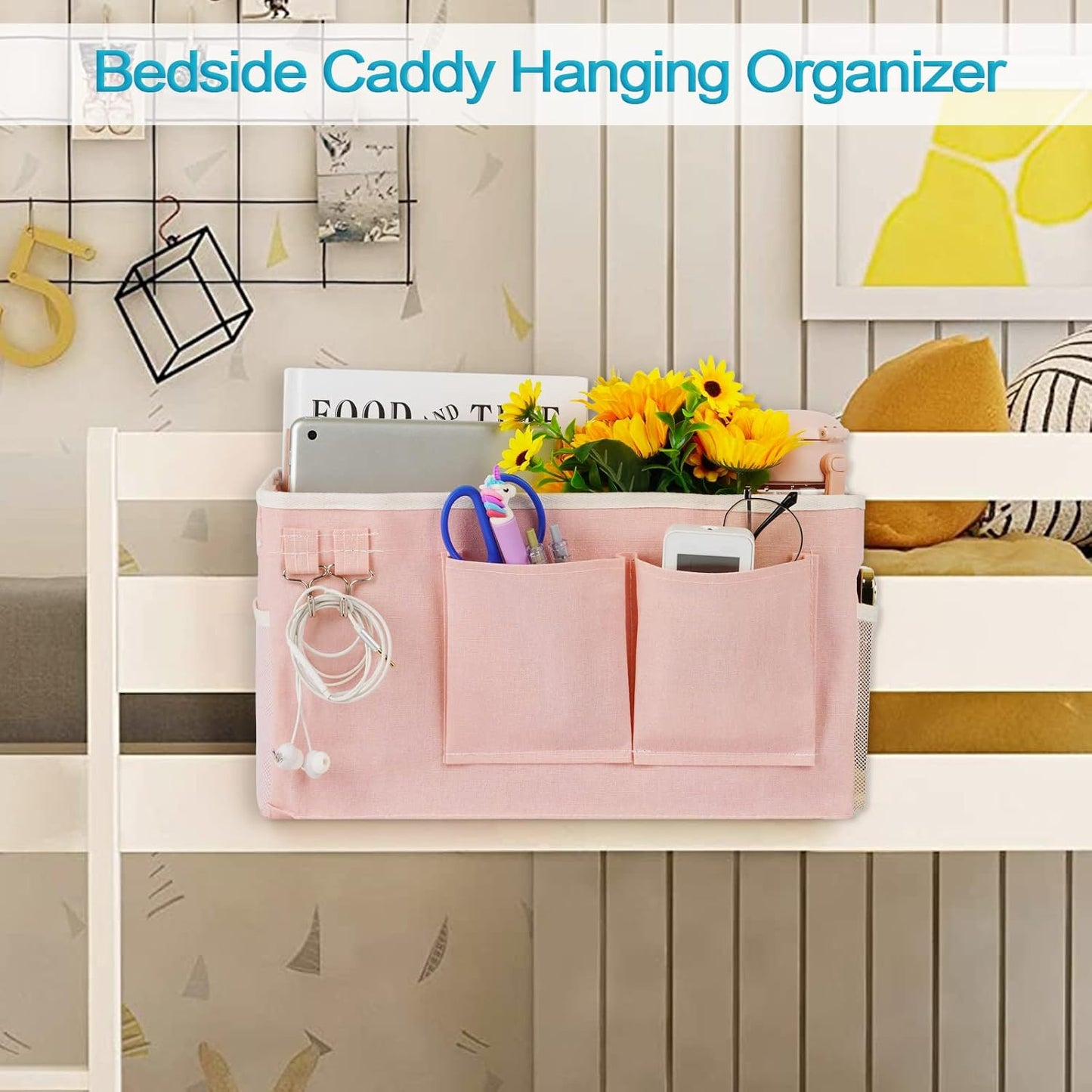 Bedside Caddy/Bedside Storage Bag Hanging Organizer for Bunk and Hospital Beds,Dorm Rooms Bed Rails,Can be Placed Glasses,Books,Mobile Phones,Keys (Light Pink)