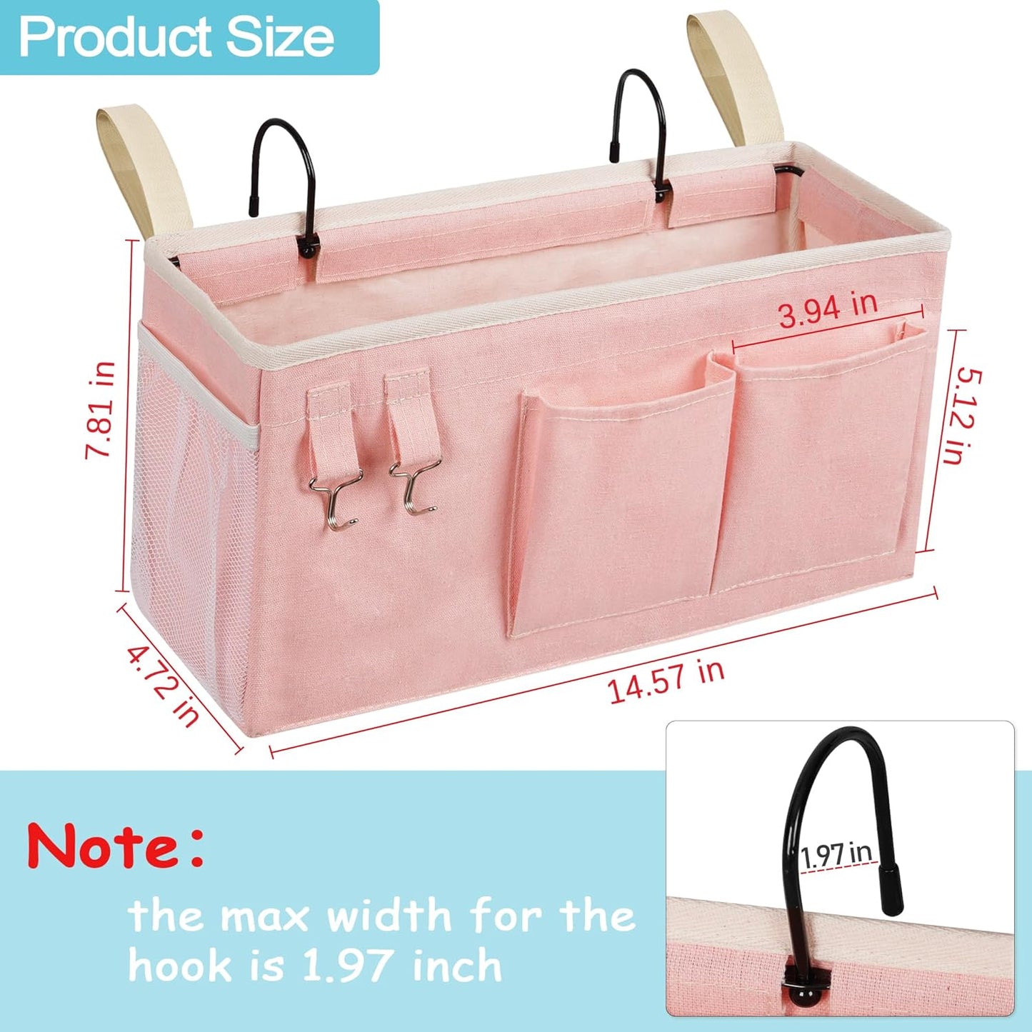 Bedside Caddy/Bedside Storage Bag Hanging Organizer for Bunk and Hospital Beds,Dorm Rooms Bed Rails,Can be Placed Glasses,Books,Mobile Phones,Keys (Light Pink)