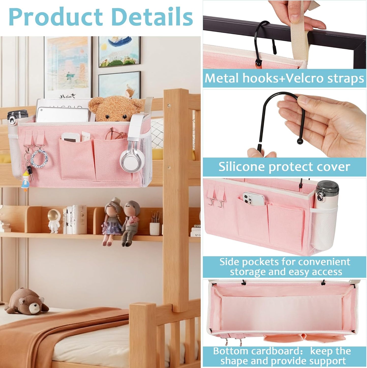 Bedside Caddy/Bedside Storage Bag Hanging Organizer for Bunk and Hospital Beds,Dorm Rooms Bed Rails,Can be Placed Glasses,Books,Mobile Phones,Keys (Light Pink)