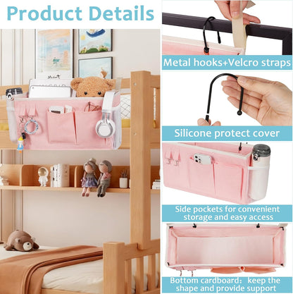 Bedside Caddy/Bedside Storage Bag Hanging Organizer for Bunk and Hospital Beds,Dorm Rooms Bed Rails,Can be Placed Glasses,Books,Mobile Phones,Keys (Light Pink)