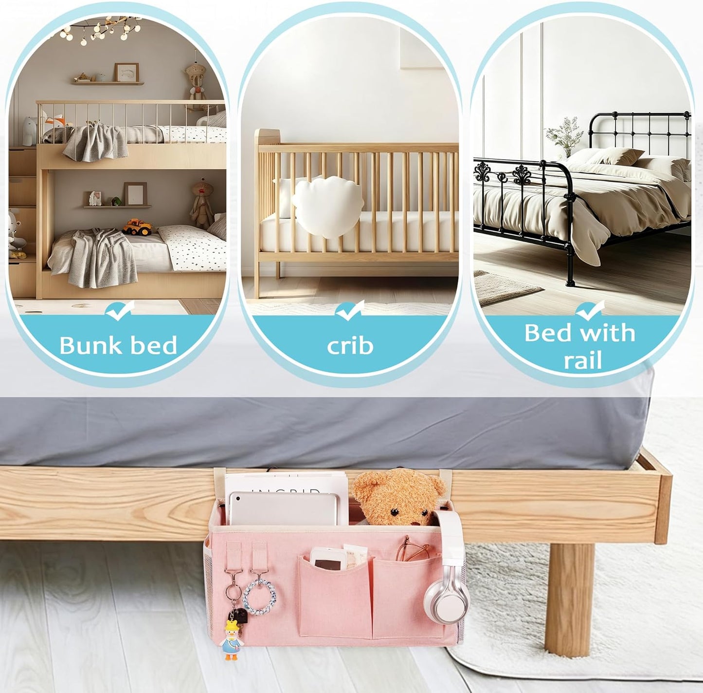 Bedside Caddy/Bedside Storage Bag Hanging Organizer for Bunk and Hospital Beds,Dorm Rooms Bed Rails,Can be Placed Glasses,Books,Mobile Phones,Keys (Light Pink)