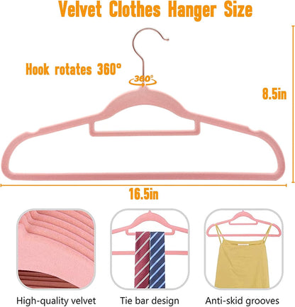 Pink Velvet Hangers 30 Pack -Adult Hangers Rose Gold Hook, Space Saving Non-Slip Clothes Hangers, 16.5 Inch with Tie Bar for Coats,Sweater,Jackets,Dresses, Shirts, Suits & T-Shirts