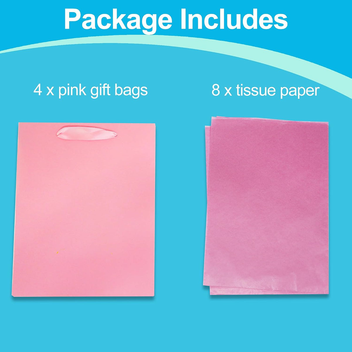 4Pcs Medium Pink Gift Bags With 8 Tissue Paper 8x5x10 Inch