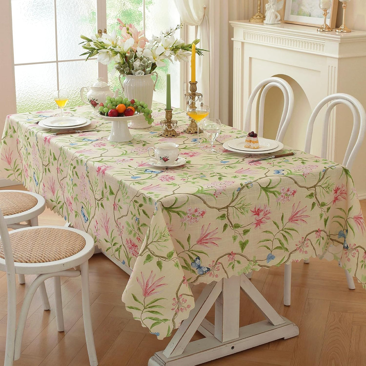 Rectangle Waterproof Tablecloth Linen Textured Table Cloth,Stain and Wrinkle Resistant Washable Fabric Table Cover for Dining, Party, Camping and Outdoor, 52 x 70 Inch, Pink Flower