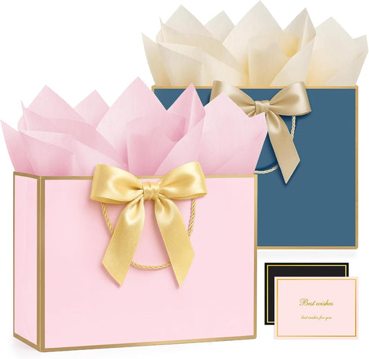 Gift Bags Medium 12.6" Pink & Blue for Men & Women, 2PCS Cute Paper Gift Bags with Handles 2 Ribbon 4 Tissue Paper 2 Cards for Wedding Bridal Baby Shower Birthday Graduation Present Party Favor