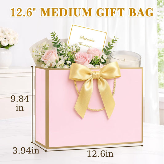 Gift Bags Medium 12.6" Pink & Blue for Men & Women, 2PCS Cute Paper Gift Bags with Handles 2 Ribbon 4 Tissue Paper 2 Cards for Wedding Bridal Baby Shower Birthday Graduation Present Party Favor