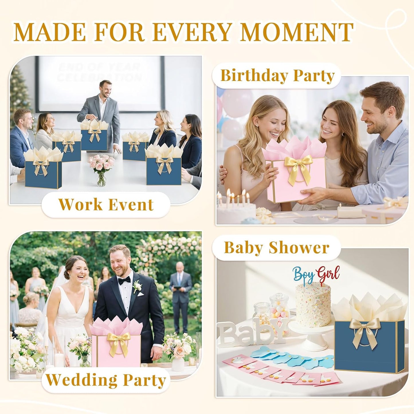Gift Bags Medium 12.6" Pink & Blue for Men & Women, 2PCS Cute Paper Gift Bags with Handles 2 Ribbon 4 Tissue Paper 2 Cards for Wedding Bridal Baby Shower Birthday Graduation Present Party Favor
