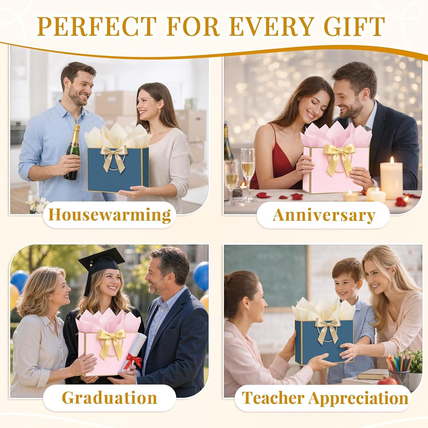 Gift Bags Medium 12.6" Pink & Blue for Men & Women, 2PCS Cute Paper Gift Bags with Handles 2 Ribbon 4 Tissue Paper 2 Cards for Wedding Bridal Baby Shower Birthday Graduation Present Party Favor
