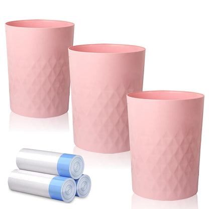 3 Pack Small Bathroom Trash Can with Trash Bags Plastic Garbage Can Pink