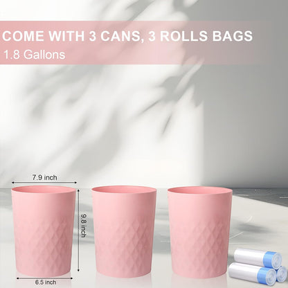 3 Pack Small Bathroom Trash Can with Trash Bags Plastic Garbage Can Pink