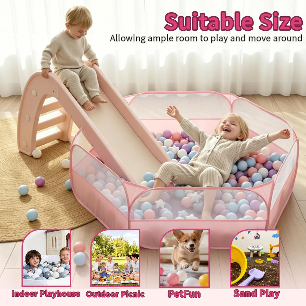 Foldable Ball Pit for Toddlers, Large Pop Up Ball Pits Kids Play Tent Crawl Playpen Ball Pool Playhouse Playpen with Storage Bag, for Boys Girls Dogs Cats Ferrets Indoor Outdoor, Light Pink
