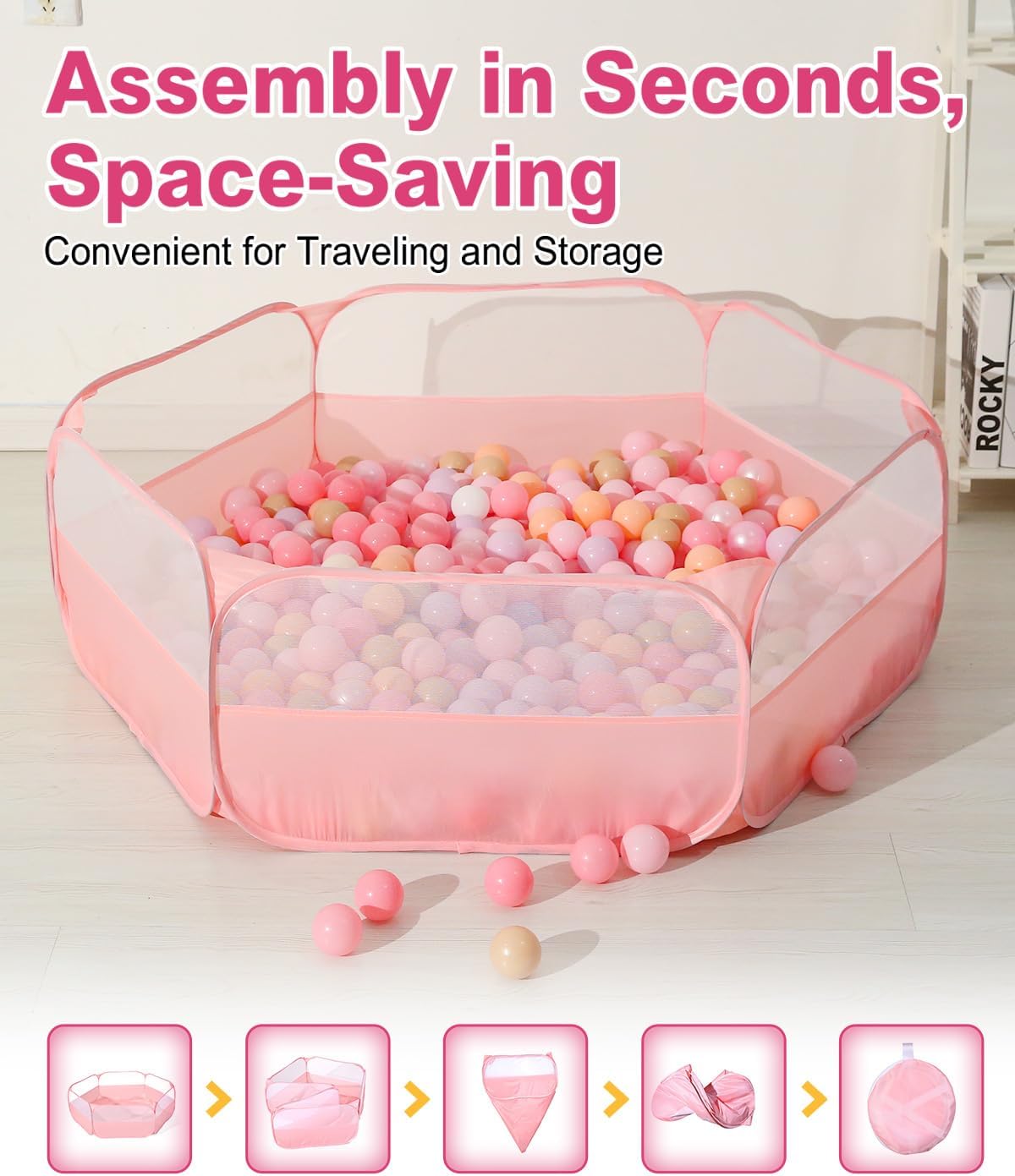Foldable Ball Pit for Toddlers, Large Pop Up Ball Pits Kids Play Tent Crawl Playpen Ball Pool Playhouse Playpen with Storage Bag, for Boys Girls Dogs Cats Ferrets Indoor Outdoor, Light Pink