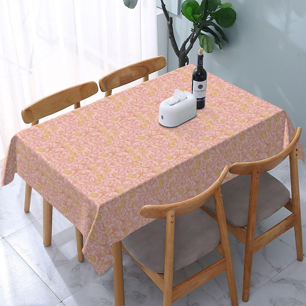 Light Pink Flower Victorian Rectangle Tablecloth, Drop Shapes Table Cloth Dining Table Cover for Kitchen Restaurant Party Buffet Picnic, 52x70 Inch